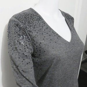 Ann Taylor 3/4 Sleeve Lightweight Sweater with Sequins, Heather Grey, Sz Small
